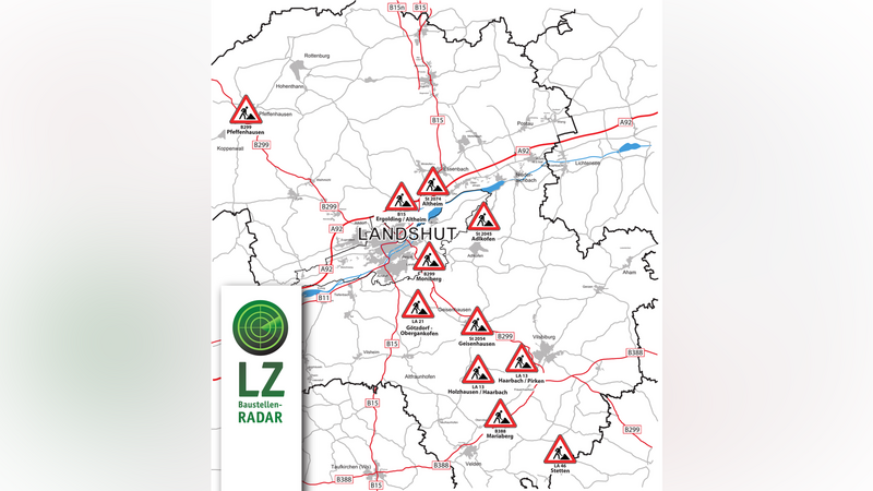 Die Karte zeigt die Baustellen an Bundes-, Staats- und Kreisstraßen im Landkreis