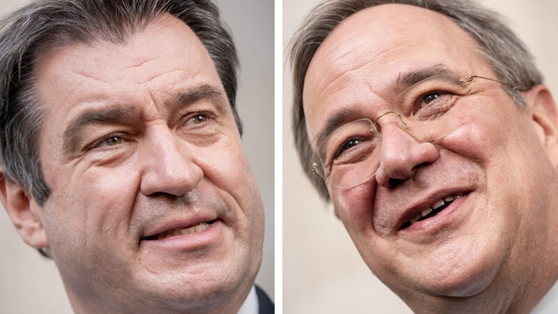 CSU-Chef Markus Söder (l.) und CDU-Chef Armin Laschet treffen im Reichstagsgebäude in Berlin direkt aufeinander. Vor den Abgeordneten der CDU/CSU-Fraktion kreuzen sie die Klingen.