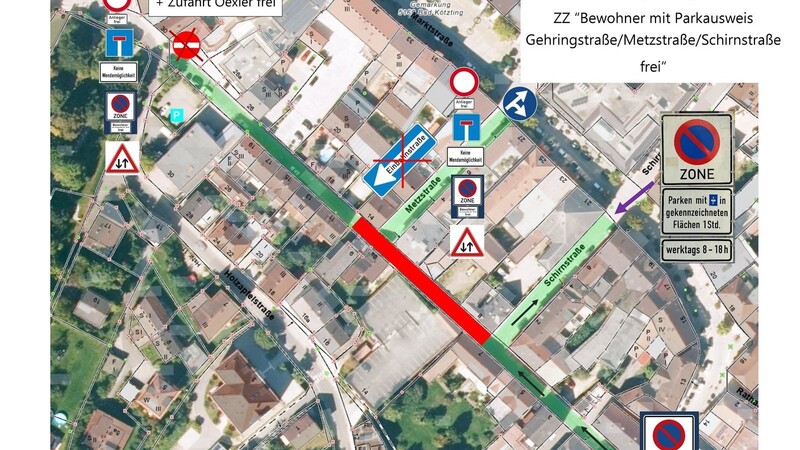 Der rot markierte Bereich der Gehringstraße bleibt für mindestens ein Jahr komplett gesperrt.