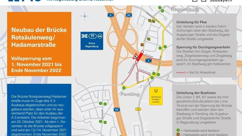 Wegen Neubau der Brücke Rotsäulenweg/Hadamarstraße gibt es eine Vollsperrung vom 1. November 2021 bis Ende November 2022.